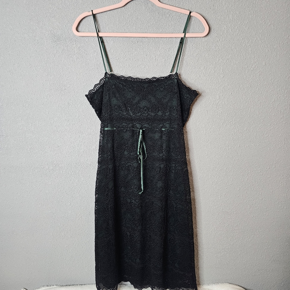 Widow Dress Womens XL Black Green Lace‎ Overlay Adjustable Strap Gothic Mini